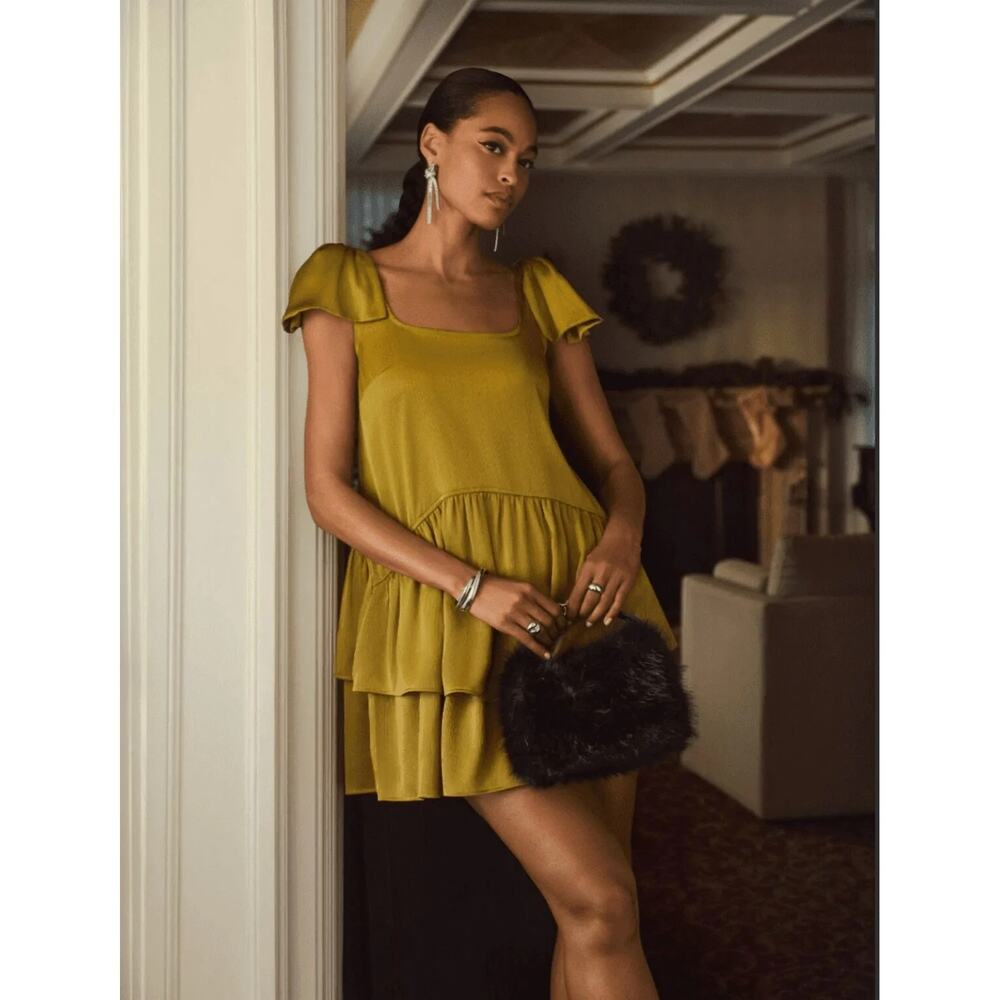 Scoop Olive Dust Satin Bow Shoulder Tiered Mini Dress S (4-6) New With Tag